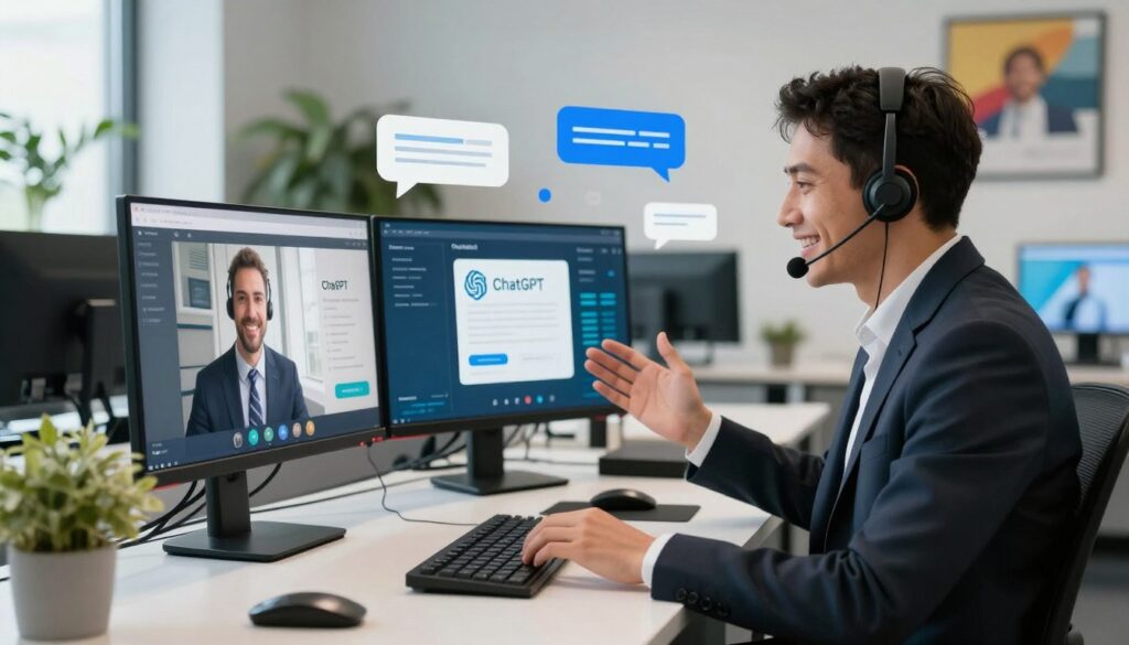A professional customer service representative, dressed in smart business attire, sits at a modern desk with multiple screens displaying ChatGPT interfaces. In the foreground, the representative is engaged in a video call, smiling and using gestures to convey warmth and professionalism. In the middle ground, digital elements like speech bubbles or data analytics dashboards float around the screens, symbolizing communication efficiency. The background features a sleek office environment with plants and motivational artwork. The overall mood is dynamic and innovative, emphasizing speed and clarity in customer interactions. Soft, bright lighting casts a positive glow. Shot with a 35mm lens for a slightly wide-angle perspective to capture the vibrancy of the workspace. Include the brand name A professional customer service representative, dressed in smart business attire, sits at a modern desk with multiple screens displaying ChatGPT interfaces. In the foreground, the representative is engaged in a video call, smiling and using gestures to convey warmth and professionalism. In the middle ground, digital elements like speech bubbles or data analytics dashboards float around the screens, symbolizing communication efficiency. The background features a sleek office environment with plants and motivational artwork. The overall mood is dynamic and innovative, emphasizing speed and clarity in customer interactions. Soft, bright lighting casts a positive glow. Shot with a 35mm lens for a slightly wide-angle perspective to capture the vibrancy of the workspace. Include the brand name