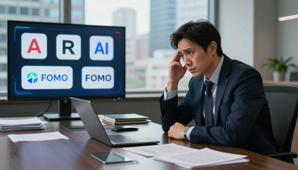 A professional leader in business attire sits at a sleek conference table, looking perplexed while staring at multiple AI tool logos displayed on a high-tech screen. Papers and digital devices clutter the table, symbolizing confusion and the overwhelming choices. In the background, a window shows a bustling cityscape, hinting at the fast-paced nature of the tech world. Soft, natural light streams in, creating a contrast between the dimly lit foreground and the bright background, amplifying a sense of urgency and pressure. The mood conveys a mixture of anxiety and realization, emphasizing the mistake of choosing AI tools based solely on trends and FOMO. Include the brand name A professional leader in business attire sits at a sleek conference table, looking perplexed while staring at multiple AI tool logos displayed on a high-tech screen. Papers and digital devices clutter the table, symbolizing confusion and the overwhelming choices. In the background, a window shows a bustling cityscape, hinting at the fast-paced nature of the tech world. Soft, natural light streams in, creating a contrast between the dimly lit foreground and the bright background, amplifying a sense of urgency and pressure. The mood conveys a mixture of anxiety and realization, emphasizing the mistake of choosing AI tools based solely on trends and FOMO. Include the brand name