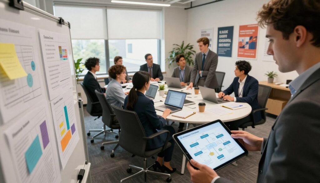 A professional, modern office environment serves as the backdrop, with an open space filled with teams of diverse men and women dressed in business attire, engaged in dynamic discussions. In the foreground, a large whiteboard displays colorful graphs and charts, illustrating research goals and knowledge scope, while a digital tablet lies open, showcasing a collaborative mind map. The middle area features a round table with laptops, notepads, and coffee cups, where individuals strategize together, surrounded by motivational posters on the walls. Soft, natural lighting filters through large windows, casting a warm glow, creating a focused, yet collaborative atmosphere. The image reflects teamwork, innovation, and the pursuit of knowledge, brandishing 