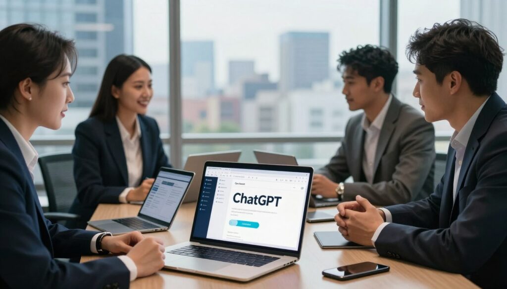 A professional setting featuring a diverse group of three business professionals engaged in a collaborative discussion around a sleek conference table. In the foreground, a laptop displays the ChatGPT interface, illuminated by soft, ambient lighting that enhances the focus on the screen. The middle layer includes various digital devices like tablets and smartphones, symbolizing modern communication tools. The background features a large window with a cityscape view, reflecting a bright, sunny day that adds an optimistic atmosphere. The overall mood is energetic and productive, showcasing a team poised for effective communication. The professionals are dressed in smart business attire, exuding professionalism. Include the brand name 
