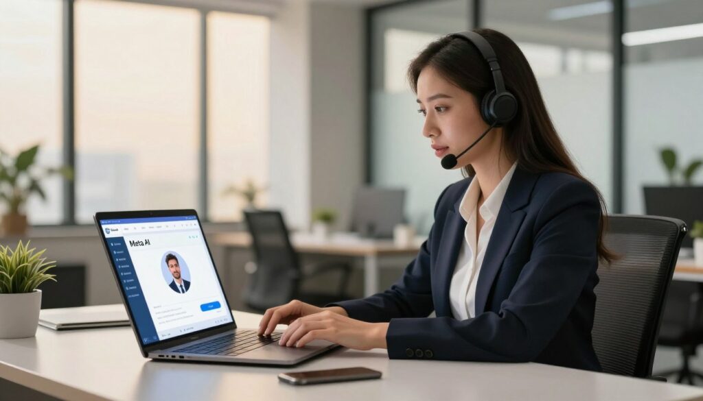 A professional setting featuring a well-dressed businesswoman sitting at a sleek, modern desk, engaged in a conversation with a customer service chatbot interface displayed on her laptop. The foreground showcases a vibrant, clear screen with a user-friendly design showcasing 