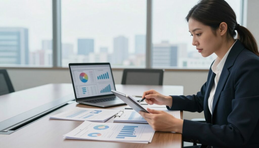 A professional, well-lit office environment showcasing a business analyst, Dee Ferdinand, examining a stack of documents on a sleek conference table. The foreground features Dee, dressed in smart business attire, intently analyzing data reports with focused expression and a digital tablet in hand. In the middle ground, organized documents spread out with graphs and charts, intertwined with a laptop displaying business analytics software. The background reveals large windows letting in natural light, with a city skyline view that adds an air of professionalism and urgency. The overall mood is one of determination and strategic thinking, emphasizing the importance of sound business decisions.