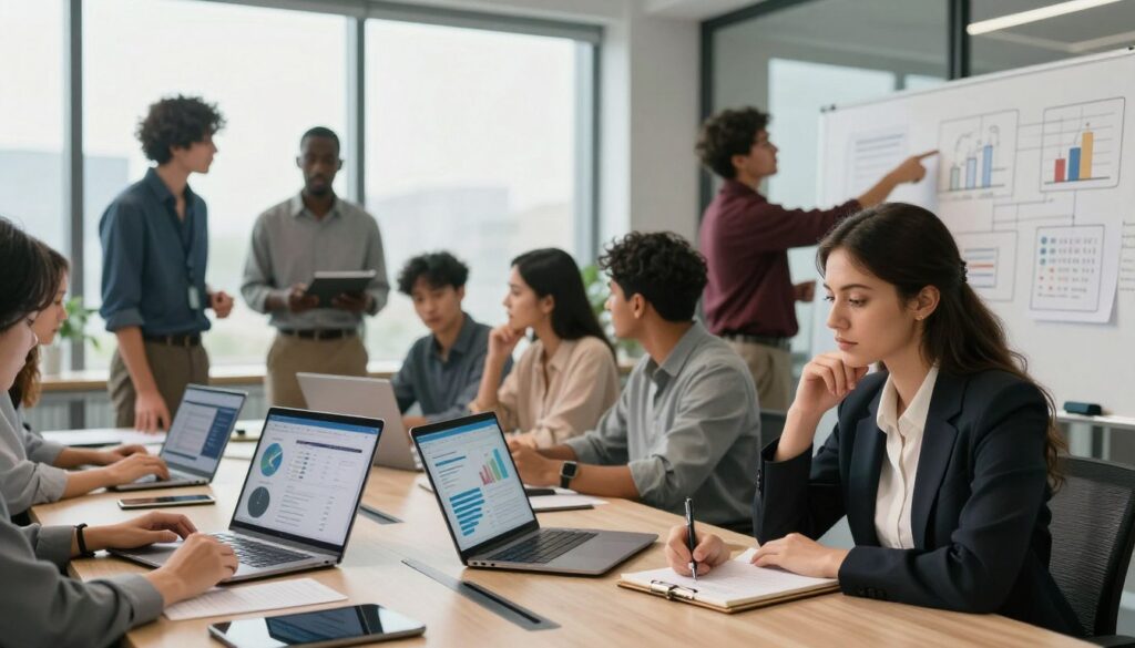 A professional workspace featuring a diverse team brainstorming over a large table cluttered with digital devices like laptops and tablets displaying graphs and charts. In the foreground, a focused businesswoman, dressed in smart business attire, jots down notes on a notepad, her expression thoughtful and engaged. In the middle ground, a diverse group of professionals, both men and women, discuss ideas animatedly, pointing towards a whiteboard filled with diagrams illustrating different types of business outputs. The background showcases a modern office environment with floor-to-ceiling windows letting in soft, natural light, creating a warm and collaborative atmosphere. Emphasize a sense of clarity and focus on defining output needs tailored for business success. The branding “Dee Ferdinand” subtly integrated in the design elements around the workspace.
