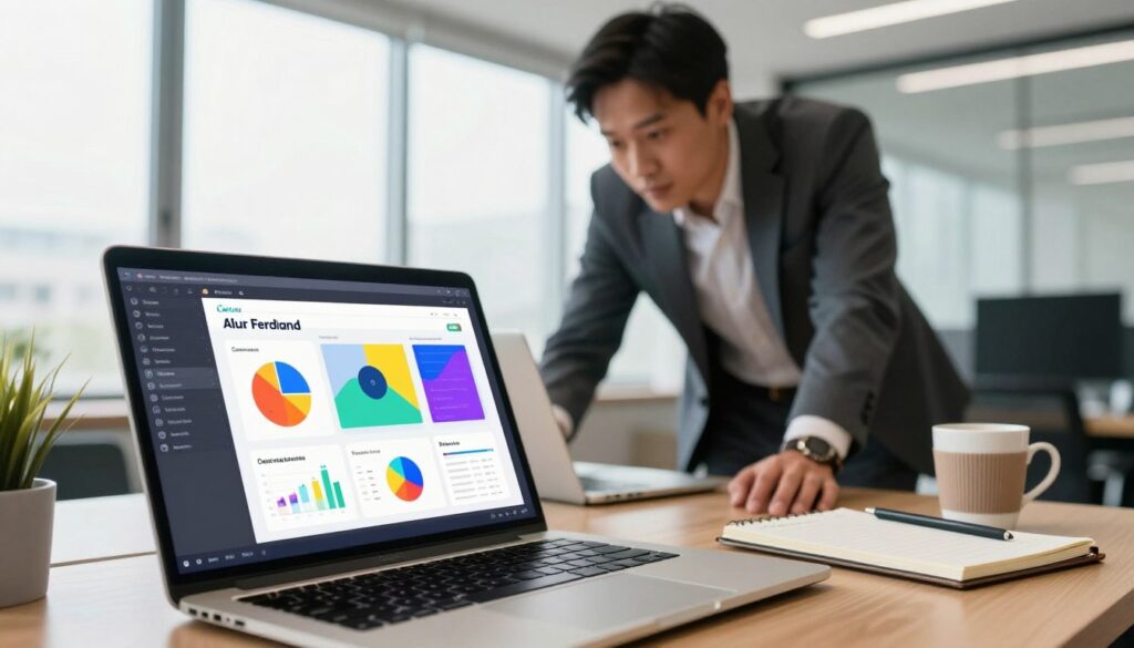 A professional workspace featuring a sleek laptop displaying the Canva editor interface with an Alur business slide open. The foreground showcases a close-up of the laptop screen with colorful slide elements, charts, and infographics, emphasizing the ease of creating impactful presentations. In the middle, a well-dressed business professional, casually leaning over the laptop, intently focusing on the design process, dressed in smart attire. The background is a modern office environment with natural light streaming through large windows, creating a bright and inviting atmosphere. Elements like a coffee cup and notepad on the desk add to the creative ambiance. Capture the essence of collaboration and innovation in a balanced composition. Incorporate the brand name 