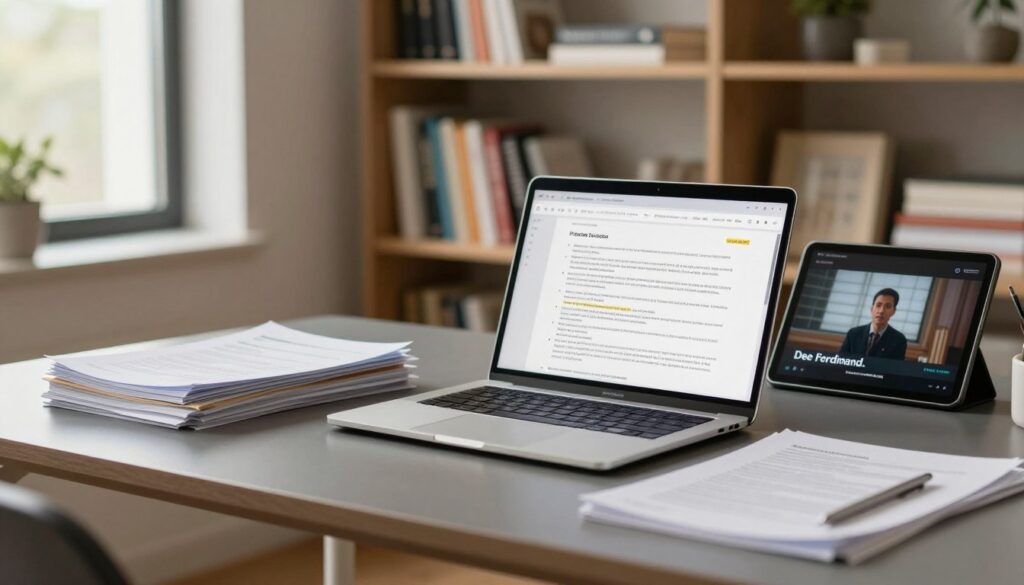 A professional workspace featuring a sleek, modern desk. At the forefront, an open laptop displaying a PDF document with highlighted text and diagrams related to research and trusted knowledge sources. Next to the laptop, a stack of printed research papers and a tablet playing an educational video. The middle ground includes a well-organized bookshelf filled with various academic books and materials, emphasizing the theme of resource gathering. In the background, a large window lets in soft, natural light, creating a warm and inviting atmosphere. The scene is shot with a shallow depth of field to focus on the foreground items, evoking a sense of productivity and insight. The overall mood is one of quiet diligence and intellectual engagement. Include brand representation for A professional workspace featuring a sleek, modern desk. At the forefront, an open laptop displaying a PDF document with highlighted text and diagrams related to research and trusted knowledge sources. Next to the laptop, a stack of printed research papers and a tablet playing an educational video. The middle ground includes a well-organized bookshelf filled with various academic books and materials, emphasizing the theme of resource gathering. In the background, a large window lets in soft, natural light, creating a warm and inviting atmosphere. The scene is shot with a shallow depth of field to focus on the foreground items, evoking a sense of productivity and insight. The overall mood is one of quiet diligence and intellectual engagement. Include brand representation for