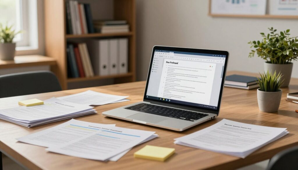 A professional workspace featuring an organized desk with a laptop displaying a note-taking application. Scattered around are various documents, files, and colorful sticky notes, representing sources for a team knowledge base. In the background, a sleek bookshelf filled with books and binders adds depth. Warm, natural light filters through a nearby window, creating a welcoming atmosphere. A potted plant on the desk introduces a touch of greenery. The mood exudes productivity and collaboration. The angle captures the desk and a hint of the surrounding office environment, suggesting a space where ideas and resources come together seamlessly. Ensure the scene reflects a modern, tidy aesthetic, fitting for a professional setting. Include a subtle reference to 