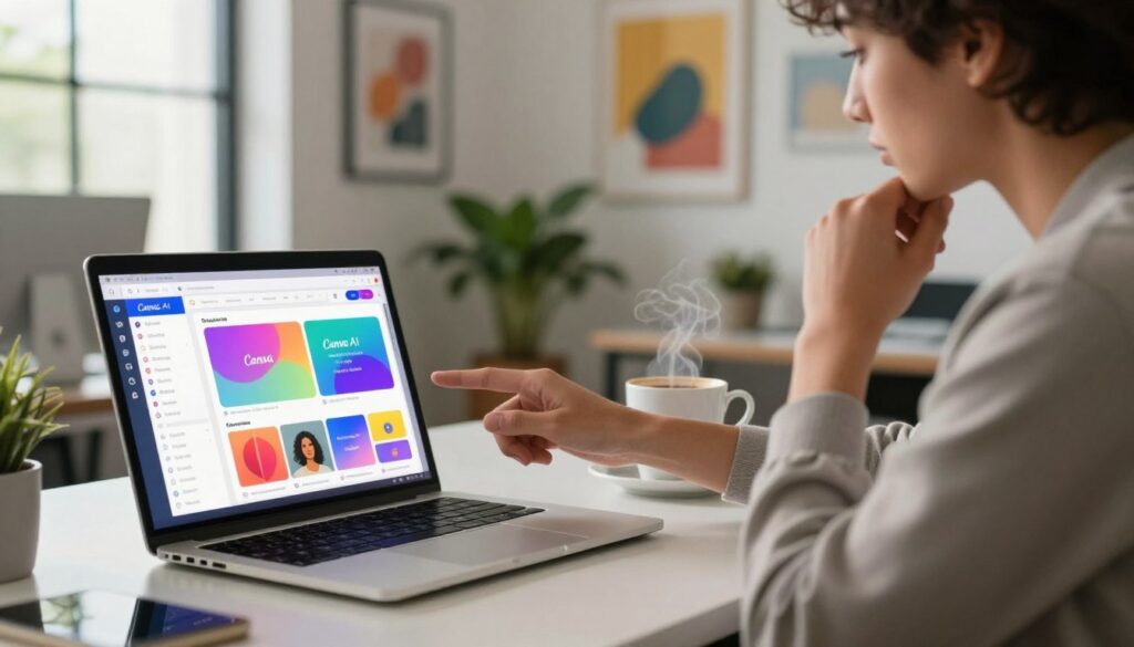A professional workspace showcasing Canva AI for visual communication. In the foreground, a laptop displays a colorful Canva interface with various design templates and graphics. Beside it, a steaming cup of coffee sits on a clean desk, hinting at creativity in progress. In the middle, an individual, dressed in smart casual attire, thoughtfully analyzes a digital presentation on the laptop screen, exuding focus and determination. The background features a modern office environment with inspiring artwork and plants that symbolize creativity and growth. Soft, natural lighting filters through large windows, creating a warm and inviting atmosphere. The ambiance is dynamic yet calm, emphasizing the ease of using Canva AI for effective visual communication. Dee Ferdinand branding subtly integrated within the design elements. A professional workspace showcasing Canva AI for visual communication. In the foreground, a laptop displays a colorful Canva interface with various design templates and graphics. Beside it, a steaming cup of coffee sits on a clean desk, hinting at creativity in progress. In the middle, an individual, dressed in smart casual attire, thoughtfully analyzes a digital presentation on the laptop screen, exuding focus and determination. The background features a modern office environment with inspiring artwork and plants that symbolize creativity and growth. Soft, natural lighting filters through large windows, creating a warm and inviting atmosphere. The ambiance is dynamic yet calm, emphasizing the ease of using Canva AI for effective visual communication. Dee Ferdinand branding subtly integrated within the design elements.