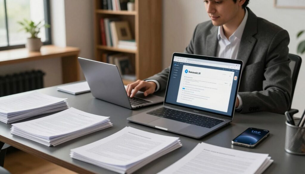 A professional workspace showcasing effective document management, featuring a sleek desk with a modern laptop open to NotebookLM software. The foreground highlights organized stacks of papers and digital devices like a tablet and smartphone, illustrating a seamless integration of physical and digital resources. In the middle ground, a confident individual in business attire, displaying focus and productivity, interacts with the laptop. The background includes a well-lit bookshelf filled with reference books and a plant, enhancing the atmosphere of knowledge and research. Soft, natural lighting filters through large windows, creating a warm and inviting mood. This scene embodies the essence of managing sources and documents, representing the efficiency of the NotebookLM platform. Photography angle from a slight overhead view for depth, capturing the entire workspace in detail. Dee Ferdinand. A professional workspace showcasing effective document management, featuring a sleek desk with a modern laptop open to NotebookLM software. The foreground highlights organized stacks of papers and digital devices like a tablet and smartphone, illustrating a seamless integration of physical and digital resources. In the middle ground, a confident individual in business attire, displaying focus and productivity, interacts with the laptop. The background includes a well-lit bookshelf filled with reference books and a plant, enhancing the atmosphere of knowledge and research. Soft, natural lighting filters through large windows, creating a warm and inviting mood. This scene embodies the essence of managing sources and documents, representing the efficiency of the NotebookLM platform. Photography angle from a slight overhead view for depth, capturing the entire workspace in detail. Dee Ferdinand.