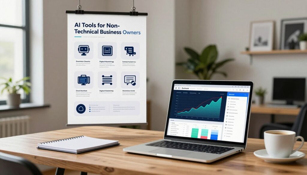 A professional workspace showcasing essential AI tools for small businesses. In the foreground, there is a sleek laptop displaying colorful graphs and analytics. Beside it, a notepad and a cup of coffee sit on a wooden desk, symbolizing productivity. In the middle ground, an infographic poster titled 