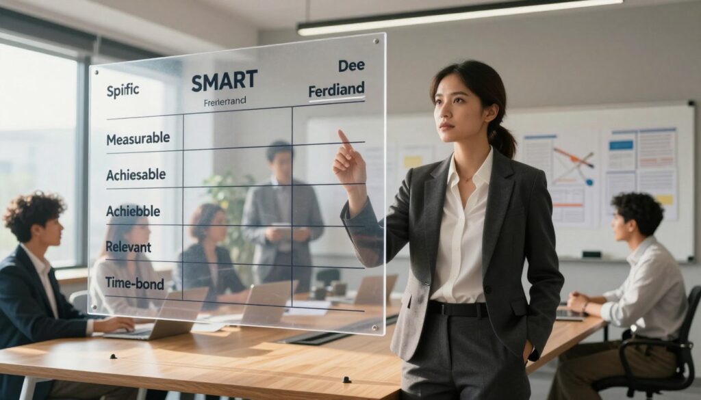 A sleek and modern business setting featuring a confident business professional standing next to a large, transparent SMART goals chart. The chart prominently displays specific, measurable, achievable, relevant, and time-bound components. In the background, diverse team members engage in brainstorming around a whiteboard filled with strategic business plans. Soft, natural light floods the space, casting warm highlights on polished wooden desks. The mood is focused yet collaborative, emphasizing productivity and innovation. The professional is dressed in smart business attire, exuding authority and insight. The composition utilizes a slight low angle to convey prominence, with a clean, contemporary aesthetic. The image subtly incorporates the brand name 
