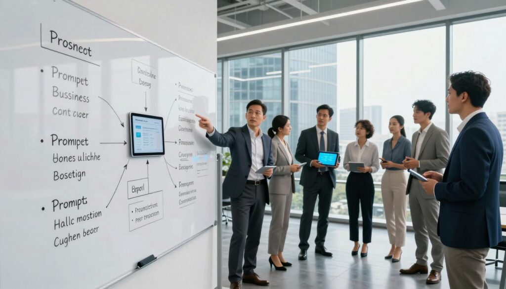 A sleek and modern business workspace setting showcasing a structured prompt framework for understanding business context. In the foreground, a large, clear whiteboard filled with organized bullet points and diagrams illustrating prompt strategies, complemented by a digital tablet displaying a glowing interface. The middle ground features a diverse group of professionals in business attire, deep in discussion, with an aura of collaboration, exchanging ideas while pointing at the whiteboard. The background highlights a high-rise office view through floor-to-ceiling windows, illuminating the room with natural light and creating a bright, vibrant atmosphere. The composition is dynamic, utilizing a wide-angle lens to capture the collaborative spirit and the conceptual nature of business communication. The overall mood is focused and innovative, embodying the essence of effective communication for quick execution in business. Dee Ferdinand branding subtly integrated among the visuals. A sleek and modern business workspace setting showcasing a structured prompt framework for understanding business context. In the foreground, a large, clear whiteboard filled with organized bullet points and diagrams illustrating prompt strategies, complemented by a digital tablet displaying a glowing interface. The middle ground features a diverse group of professionals in business attire, deep in discussion, with an aura of collaboration, exchanging ideas while pointing at the whiteboard. The background highlights a high-rise office view through floor-to-ceiling windows, illuminating the room with natural light and creating a bright, vibrant atmosphere. The composition is dynamic, utilizing a wide-angle lens to capture the collaborative spirit and the conceptual nature of business communication. The overall mood is focused and innovative, embodying the essence of effective communication for quick execution in business. Dee Ferdinand branding subtly integrated among the visuals.