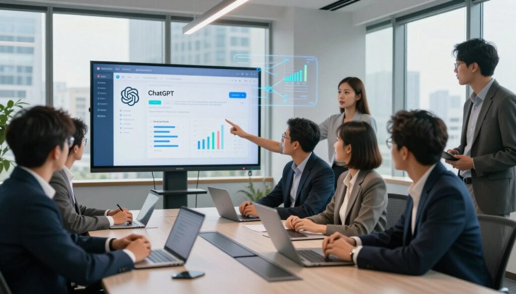 A sleek, modern office environment showcases a diverse team of professionals actively engaged in communication, representing a corporate setting where ChatGPT enhances collaboration. In the foreground, a multi-ethnic group of individuals in smart business attire are gathered around a high-tech conference table, with a large screen displaying ChatGPT's interface. One person, a woman of Asian descent, gestures towards the screen, symbolizing engagement and interaction. The middle ground shows digital elements like floating graphs and charts, illustrating data flow and communication speed. The background features large windows with a cityscape view, allowing natural light to illuminate the scene, creating a warm, dynamic atmosphere. The overall mood is innovative and efficient, conveying the transformative impact of ChatGPT on corporate communication. dee Ferdinand logo subtly incorporated in the design.
