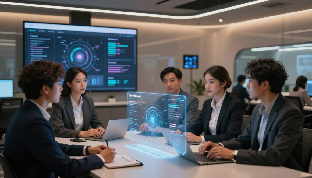 A sleek, modern office environment showcasing the role of Meta AI in customer service. In the foreground, a diverse team of professionals dressed in smart business attire engages in a collaborative discussion, with a holographic representation of data analytics hovering above a table, illustrating real-time customer interactions. In the middle ground, large screens display Meta AI interfaces and customer feedback metrics, all bathed in soft, ambient lighting that creates a warm yet focused atmosphere. The background features a futuristic workspace with seamless technology integration, reflecting efficiency and innovation. The overall mood is one of collaboration and advancement, embodying the synergy between human expertise and AI capabilities. A subtle touch of brand elegance is added with the inclusion of the name 