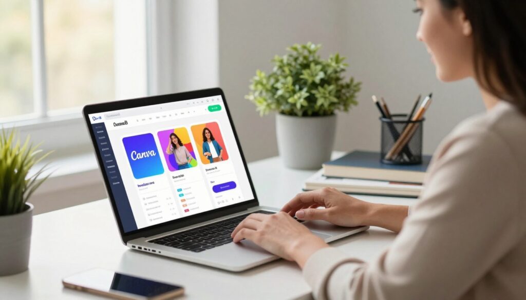 A sleek, modern workspace featuring a professional woman in modest business attire, engaging with her laptop on a stylish desk filled with vivid Canva AI design templates for social media. In the foreground, an open laptop displays an enticing Canva interface, showcasing colorful graphics and easy-to-use tools. The middle ground includes a potted plant and design books, creating a balanced and inviting atmosphere. The background features a bright window with soft natural light streaming in, adding warmth to the scene. The overall mood is focused and innovative, illustrating the relevance of Canva AI for businesses without design teams. The brand name A sleek, modern workspace featuring a professional woman in modest business attire, engaging with her laptop on a stylish desk filled with vivid Canva AI design templates for social media. In the foreground, an open laptop displays an enticing Canva interface, showcasing colorful graphics and easy-to-use tools. The middle ground includes a potted plant and design books, creating a balanced and inviting atmosphere. The background features a bright window with soft natural light streaming in, adding warmth to the scene. The overall mood is focused and innovative, illustrating the relevance of Canva AI for businesses without design teams. The brand name