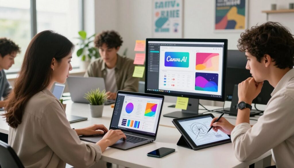 A sleek, modern workspace showcasing a diverse group of professionals collaborating on content creation using Canva AI. In the foreground, a well-dressed woman intently focuses on her laptop, her screen displaying vibrant graphics and design elements generated by Canva AI. To her right, a thoughtful man sketches ideas on a digital tablet, showcasing the app’s intuitive features. The middle ground features colorful post-it notes and a large monitor displaying Canva AI’s capabilities, emphasizing design and seamless collaboration. The background includes a bright, airy office with greenery and motivational posters, enhancing a creative vibe. Soft, daylight streaming through large windows bathes the scene in a warm, inspiring atmosphere. The image reflects innovative technology and teamwork in content creation. Dee Ferdinand's logo subtly incorporated into a tech device on the table. A sleek, modern workspace showcasing a diverse group of professionals collaborating on content creation using Canva AI. In the foreground, a well-dressed woman intently focuses on her laptop, her screen displaying vibrant graphics and design elements generated by Canva AI. To her right, a thoughtful man sketches ideas on a digital tablet, showcasing the app’s intuitive features. The middle ground features colorful post-it notes and a large monitor displaying Canva AI’s capabilities, emphasizing design and seamless collaboration. The background includes a bright, airy office with greenery and motivational posters, enhancing a creative vibe. Soft, daylight streaming through large windows bathes the scene in a warm, inspiring atmosphere. The image reflects innovative technology and teamwork in content creation. Dee Ferdinand's logo subtly incorporated into a tech device on the table.