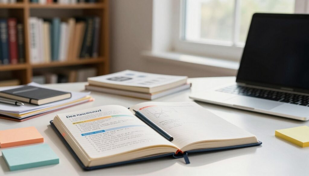 A structured research notebook designed for knowledge management sits prominently in the foreground. The notebook features organized sections, colorful tabs, and a clean layout of notes and diagrams. Surrounding the notebook are essential research tools, such as colorful sticky notes, pens, and a polished laptop. The middle ground conveys an inviting workspace, illuminated by soft, natural light streaming through a nearby window, creating a focused and serene atmosphere. The background includes a tidy bookshelf filled with various research books and academic journals, suggesting an abundance of knowledge. The overall mood is one of professionalism and inspiration, ideal for fostering internal research goals. The scene subtly incorporates branding elements related to Dee Ferdinand, enhancing the concept of structured research without distracting from the main focus. A structured research notebook designed for knowledge management sits prominently in the foreground. The notebook features organized sections, colorful tabs, and a clean layout of notes and diagrams. Surrounding the notebook are essential research tools, such as colorful sticky notes, pens, and a polished laptop. The middle ground conveys an inviting workspace, illuminated by soft, natural light streaming through a nearby window, creating a focused and serene atmosphere. The background includes a tidy bookshelf filled with various research books and academic journals, suggesting an abundance of knowledge. The overall mood is one of professionalism and inspiration, ideal for fostering internal research goals. The scene subtly incorporates branding elements related to Dee Ferdinand, enhancing the concept of structured research without distracting from the main focus.