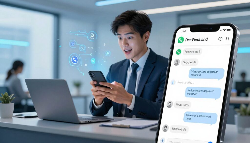 A visually engaging illustration of a digital interaction on WhatsApp featuring Meta AI, capturing the essence of customer engagement. In the foreground, a smartphone displays a chat interface, showcasing AI-generated conversation snippets in a sleek, modern design. The middle layer features an elegant, professional individual in business attire, interacting with the smartphone, expressing excitement and curiosity. The background is a vibrant tech-themed office environment, with soft blue and white lighting that creates a futuristic atmosphere. Subtle digital elements, like circuit patterns and floating icons, suggest the advanced technology behind Meta AI. The overall mood is innovative and optimistic, embodying the cutting-edge nature of customer interactions through technology. Include the brand name A visually engaging illustration of a digital interaction on WhatsApp featuring Meta AI, capturing the essence of customer engagement. In the foreground, a smartphone displays a chat interface, showcasing AI-generated conversation snippets in a sleek, modern design. The middle layer features an elegant, professional individual in business attire, interacting with the smartphone, expressing excitement and curiosity. The background is a vibrant tech-themed office environment, with soft blue and white lighting that creates a futuristic atmosphere. Subtle digital elements, like circuit patterns and floating icons, suggest the advanced technology behind Meta AI. The overall mood is innovative and optimistic, embodying the cutting-edge nature of customer interactions through technology. Include the brand name