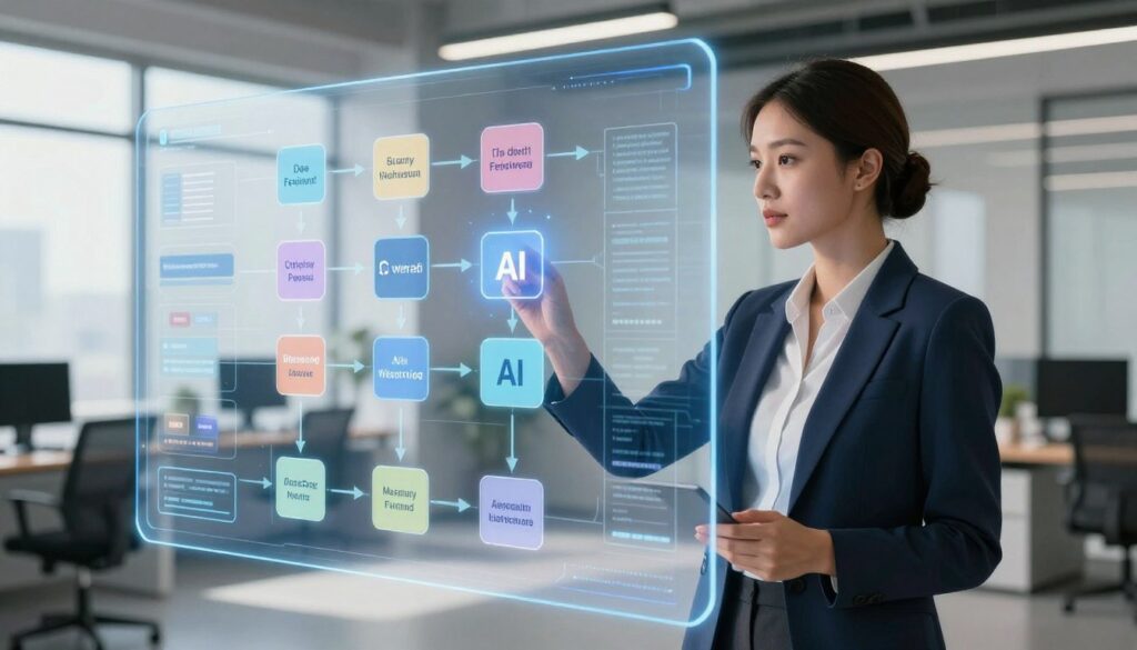 A visually striking illustration of an AI-powered workflow mapping process. In the foreground, a professional businesswoman in smart attire is analyzing a digital flowchart displayed on a transparent touchscreen. The middle ground features interconnected nodes and arrows, symbolizing various workflow steps and AI integration. The background shows a modern office environment with large windows allowing natural light to flood in. The scene is well-lit, with soft shadows creating depth, and the atmosphere is one of productivity and innovation. Include the logo 